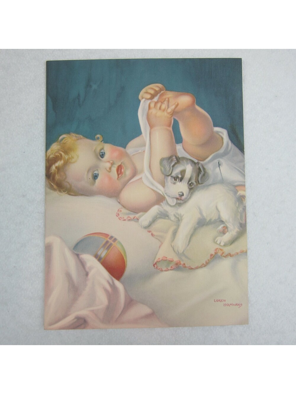 Vintage 1930s Loren Holmwood Baby Puppy & Ball Print Nursery Art GP104